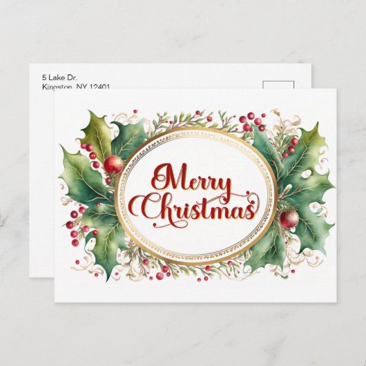 Custom Merry Christmas Script in Goud Bloemen Lijs Feestdagenkaart (Voorkant / Achterkant)