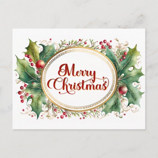 Custom Merry Christmas Script in Goud Bloemen Lijs Feestdagenkaart (Voorkant)