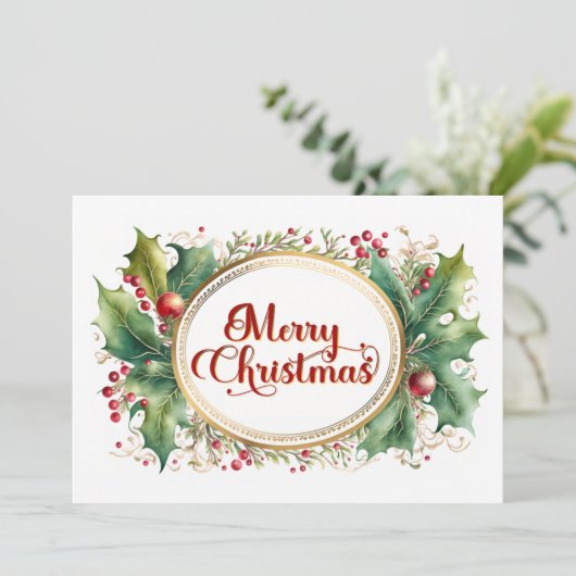 Custom Merry Christmas Script in Goud Bloemen Lijs Feestdagenkaart (Staand voorkant)