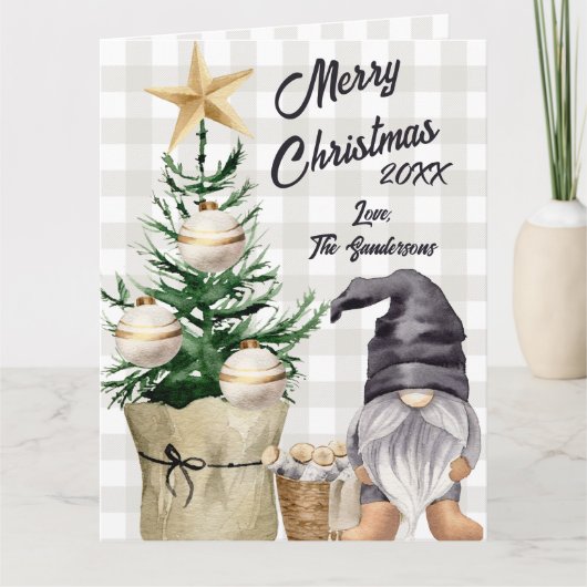Custom Merry Christmas Waterverf Gnome Plaid Kaart (Voorkant)