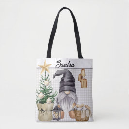 Custom Merry Christmas Waterverf Gnome Plaid Tote Bag