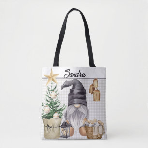 Custom Merry Christmas Waterverf Gnome Plaid Tote Bag