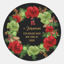Custom MERRY CHRISTMAS Wreath Black Retouradres Ronde Sticker