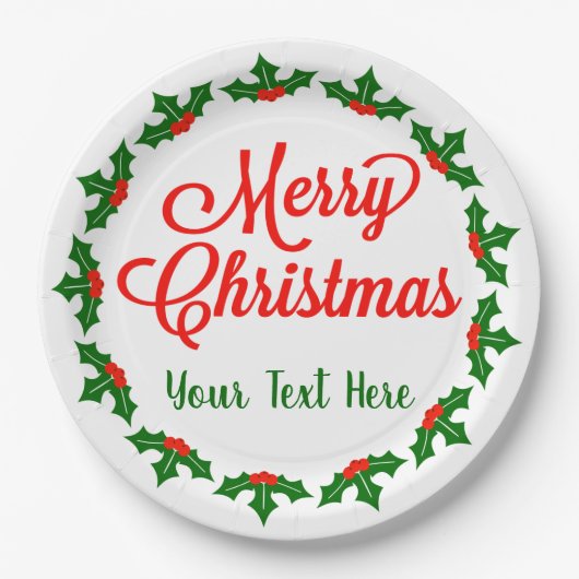 Custom Merry kerst Holly Berry Papieren Bordje (Voorkant)