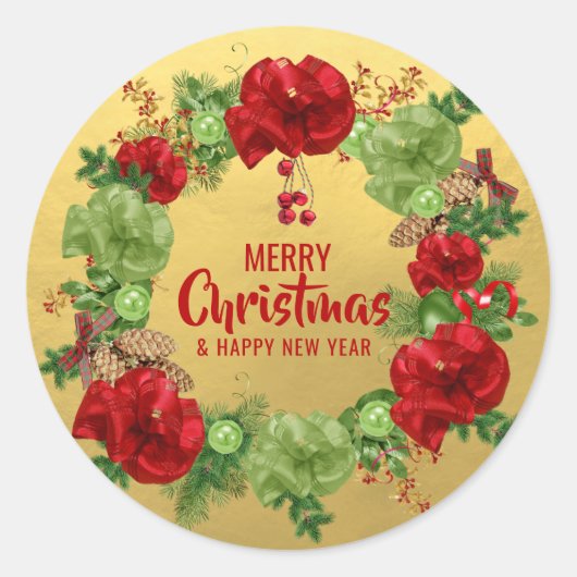 Custom MERRY KERSTMIS krans rood groen goud Ronde Sticker (Voorkant)
