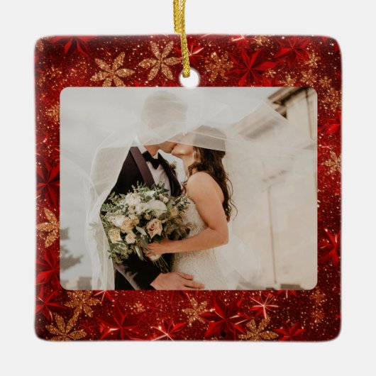 Custom Merry & Married Red Glitter Eerste Kerstdag Keramisch Ornament (Voorkant)