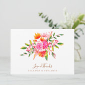 Custom Message Pink Floral Photo Wedding  Bedankkaart (Staand voorkant)
