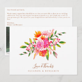 Custom Message Pink Floral Photo Wedding  Bedankkaart