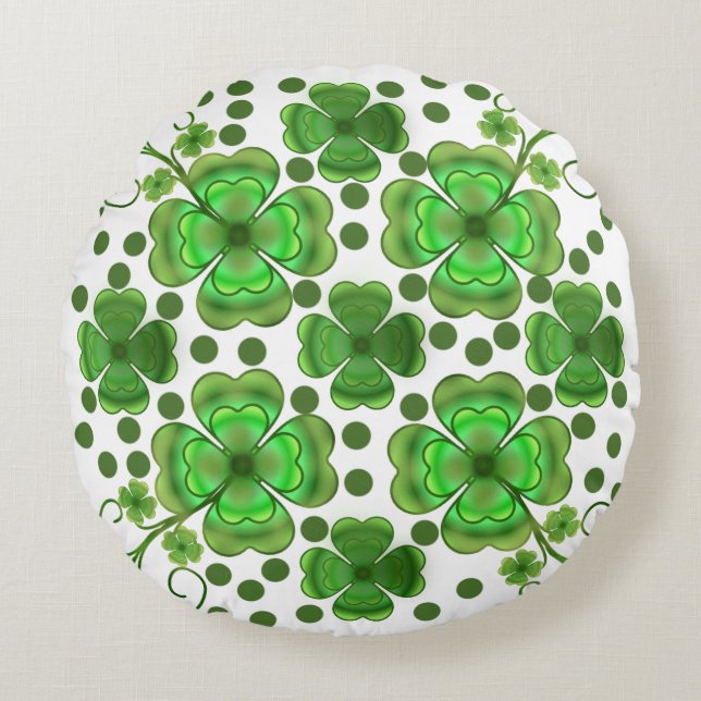 Custom Metallic Green Clover & Swirl Pattern  Rond Kussen (Voorkant)