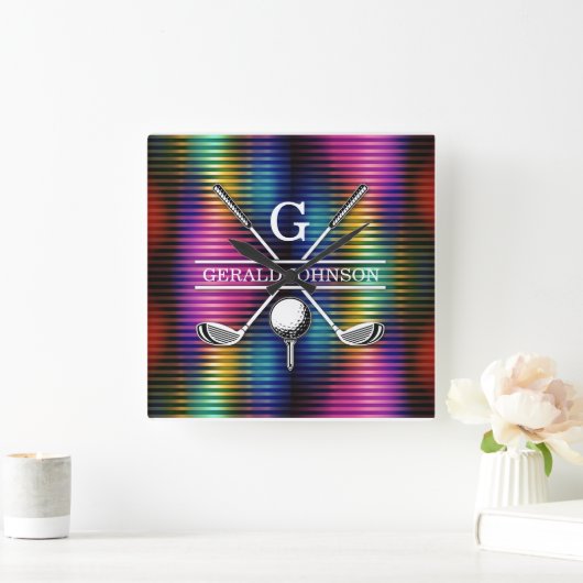Custom Metallic Kleurrijke Golf Monogram Ontwerp Vierkante Klok (Huis)