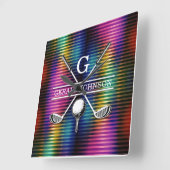 Custom Metallic Kleurrijke Golf Monogram Ontwerp Vierkante Klok (Hoek)