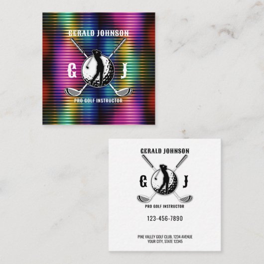 Custom Metallic Kleurrijke Golf Monogram Ontwerp Vierkante Visitekaartje (Voorkant / Achterkant)