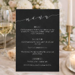 Custom Minimalist Classic Black Wedding Dinner Menu<br><div class="desc">This wedding menu sign features refined script lettering paired with classic serif typography on a black background for a timeless, elevated look. The minimalist layout highlights each course clearly while adding a sophisticated design element to your reception space. Ideal for modern, formal, and black-and-white weddings, it complements elegant table settings...</div>