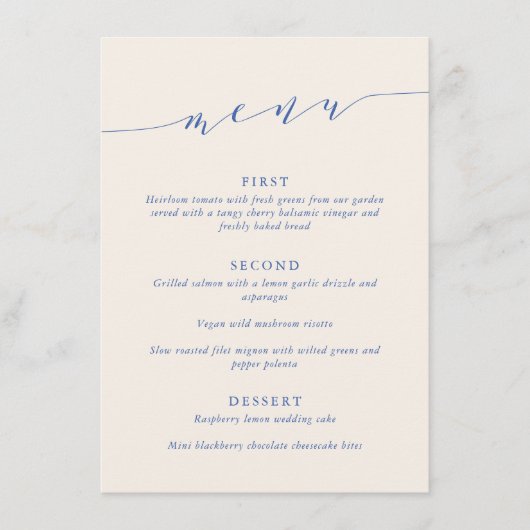 Custom Minimalist Classic Blue Wedding Dinner Menu (Voorkant)