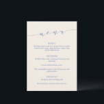 Custom Minimalist Classic Blue Wedding Dinner Menu<br><div class="desc">This wedding menu sign features refined script lettering paired with classic serif typography in blue on a champagne background for a timeless, elevated look. The minimalist layout highlights each course clearly while adding a sophisticated design element to your reception space. Ideal for modern and stylish weddings, it complements elegant table...</div>