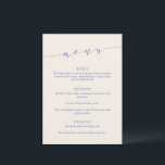 Custom Minimalist Classic Blue Wedding Dinner Menu<br><div class="desc">This wedding menu sign features refined script lettering paired with classic serif typography in blue on a champagne background for a timeless, elevated look. The minimalist layout highlights each course clearly while adding a sophisticated design element to your reception space. Ideal for modern and stylish weddings, it complements elegant table...</div>