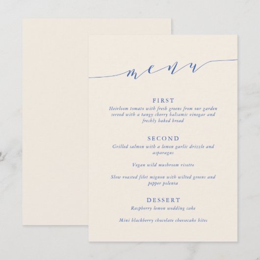 Custom Minimalist Classic Blue Wedding Dinner Menu (Voorkant / Achterkant)
