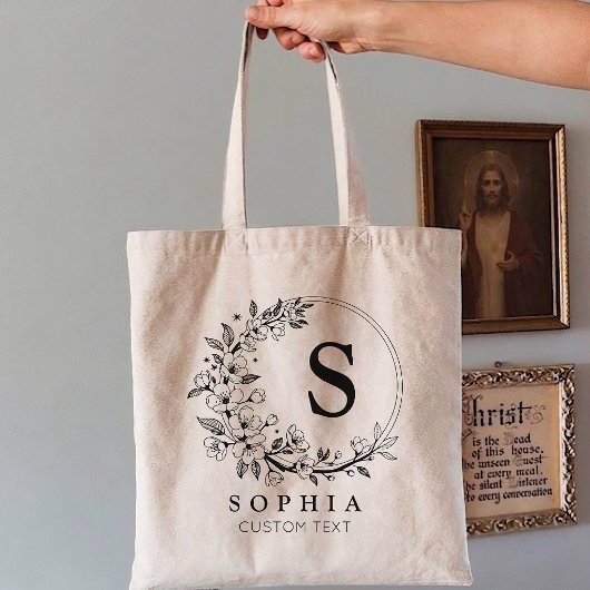 Custom Minimalist Floral Monogram Bride Bridesmaid Tote Bag