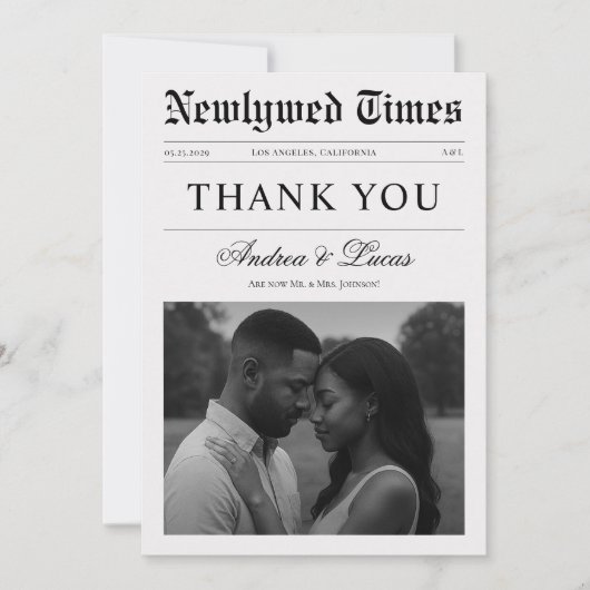 Custom Minimalist Newspaper Elegant Photo Wedding Bedankkaart (Voorkant)