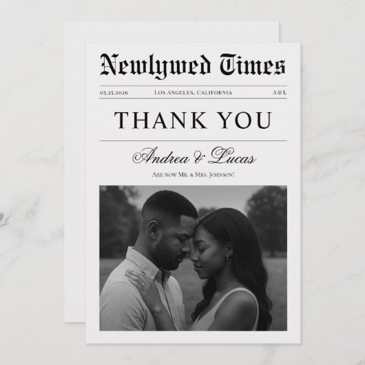 Custom Minimalist Newspaper Elegant Photo Wedding Bedankkaart (Voorkant / Achterkant)