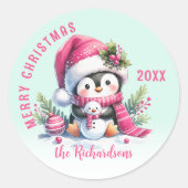 Custom Mint Green en Pink Merry Christmas Penguin Ronde Sticker (Voorkant)