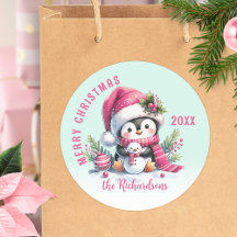 Custom Mint Green en Pink Merry Christmas Penguin