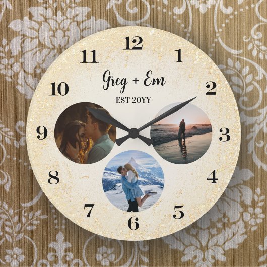 Custom Modern 3 Photo Collage Nieuw Weds Goud Grote Klok