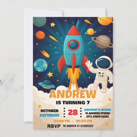 Custom Modern Astronaut Outer Space Birthday Kaart (Voorkant)