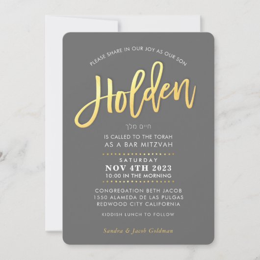 CUSTOM modern Bar Mitzvah gray faux gold HOLDEN Kaart (Voorkant)