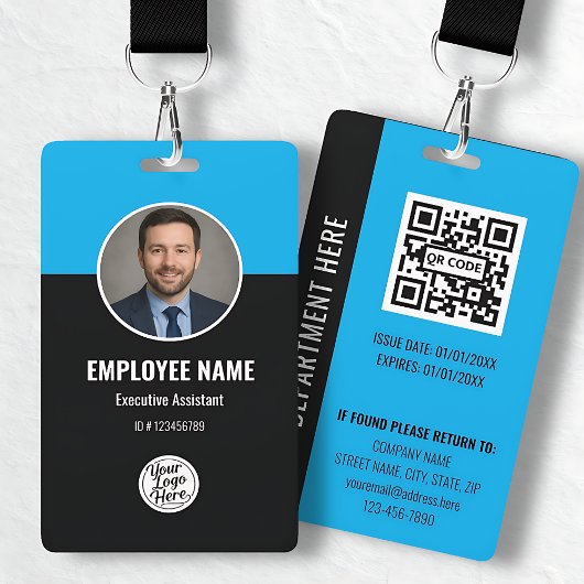 Custom Modern Blue Black Photo Employee ID Badge