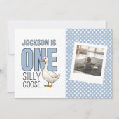 Custom Modern Blue One Silly Goose First Birthday Bedankkaart (Voorkant)