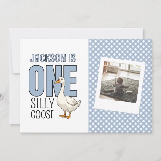 Custom Modern Blue One Silly Goose First Birthday Bedankkaart (Voorkant)
