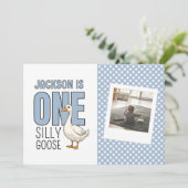 Custom Modern Blue One Silly Goose First Birthday Bedankkaart (Staand voorkant)
