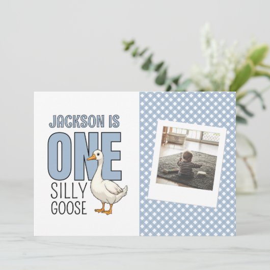 Custom Modern Blue One Silly Goose First Birthday Bedankkaart (Staand voorkant)