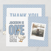 Custom Modern Blue One Silly Goose First Birthday Bedankkaart (Voorkant / Achterkant)