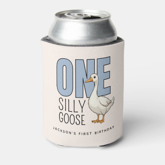 Custom Modern Blue One Silly Goose First Birthday Blikjeskoeler (Blikje Achterkant)