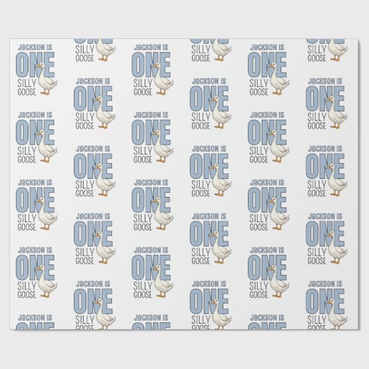 Custom Modern Blue One Silly Goose First Birthday Cadeaupapier (Vlak)
