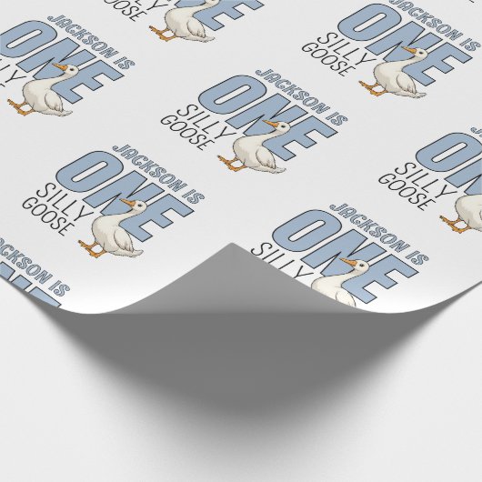Custom Modern Blue One Silly Goose First Birthday Cadeaupapier (Hoek)