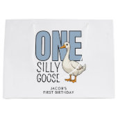 Custom Modern Blue One Silly Goose First Birthday Groot Cadeauzakje (Voorkant)