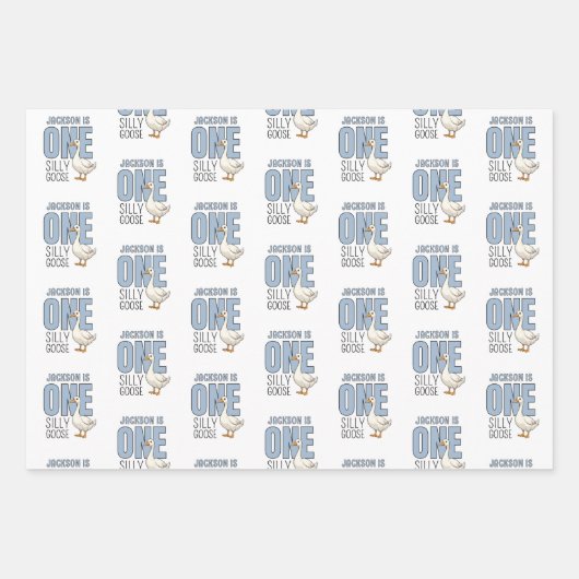Custom Modern Blue One Silly Goose First Birthday Inpakpapier Vel (Voorkant 2)