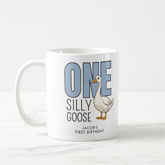 Custom Modern Blue One Silly Goose First Birthday Koffiemok (Links)