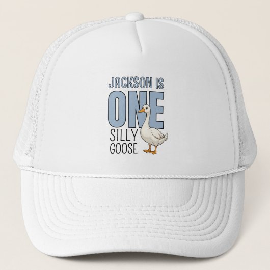 Custom Modern Blue One Silly Goose First Birthday Trucker Pet (Voorkant)