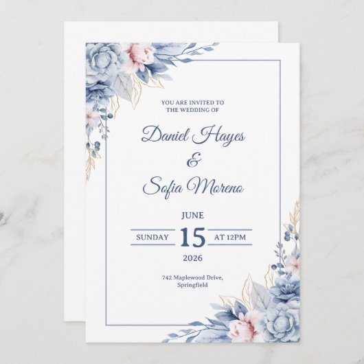Custom Modern Blue Wedding Invitation Kaart (Voorkant / Achterkant)