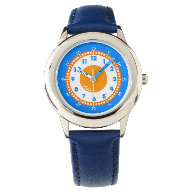 Custom Modern Bold Blauw & Sinaasappel Educatief Horloge (Voorkant)