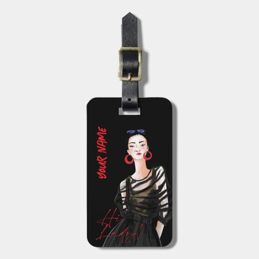 Custom Modern City Girl Zwart Rood Graphic Bagagelabel (Voorkant verticaal)