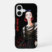 Custom Modern City Girl Zwart Rood Graphic iPhone 16 Hoesje (Achterkant)