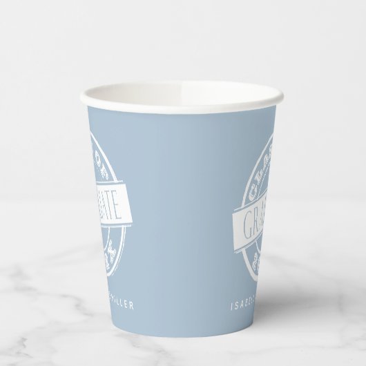Custom Modern Dusty Blue Afstuderen Papieren Bekers (Links)