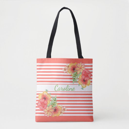 Custom Modern Elegant Bloemen Strepen Art Pattern Tote Bag (Voorkant)