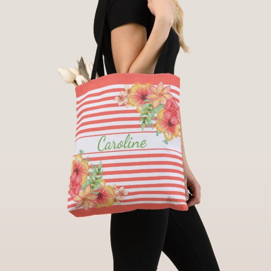Custom Modern Elegant Bloemen Strepen Art Pattern Tote Bag (Dichtbij)