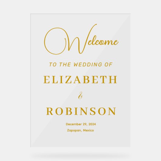 Custom Modern Elegant Goud Script Bruiloft Welkom Acryl Bord (Voorkant)